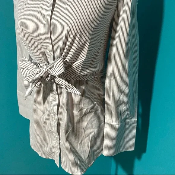 White House Black Market WHBM 0 Tie-Front Striped Button Down Tunic Top - Picture 3 of 5